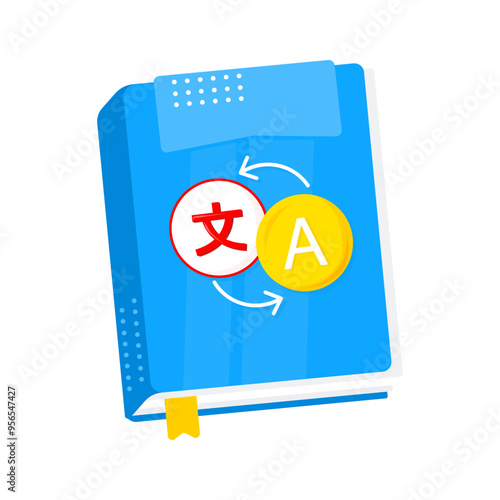 Blue dictionary translating chinese mandarin characters to english alphabet, learning new language concept
