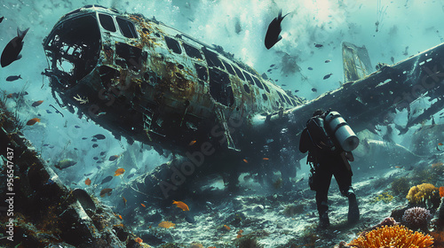 A diver exploring the wreckage of a downed airplane, its twisted metal frame covered in coral and seaweed, with the ghostly silhouettes of fish swimming through the shattered windows.


 photo