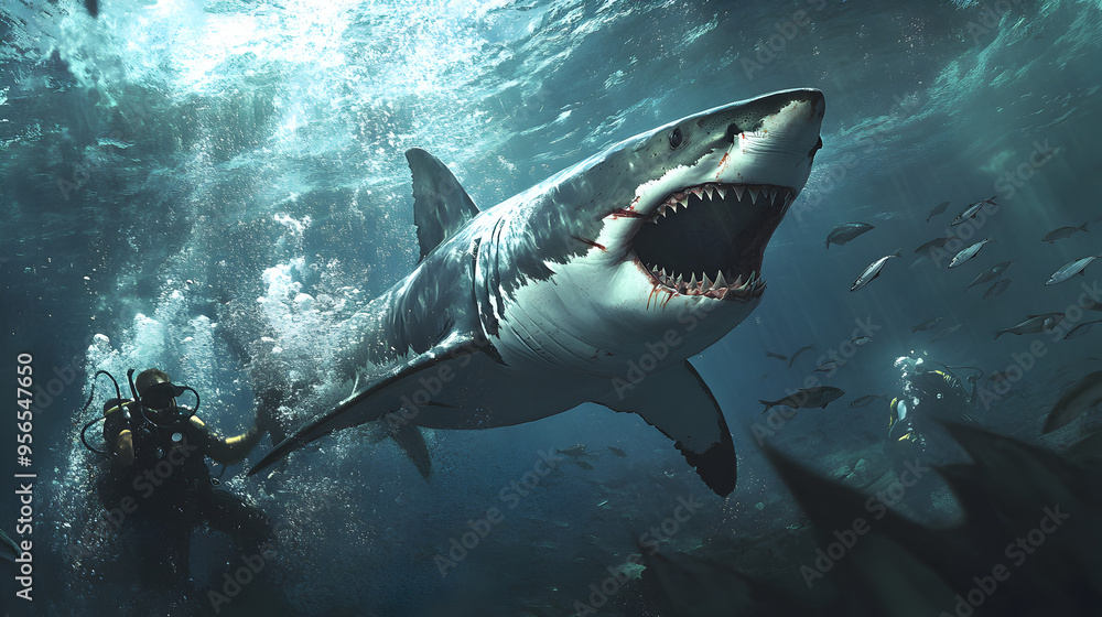 Naklejka premium A dramatic encounter between a great white shark and a diver, with the shark’s powerful body cutting through the water as the diver tries to remain calm and still, surrounded by schools of fish.