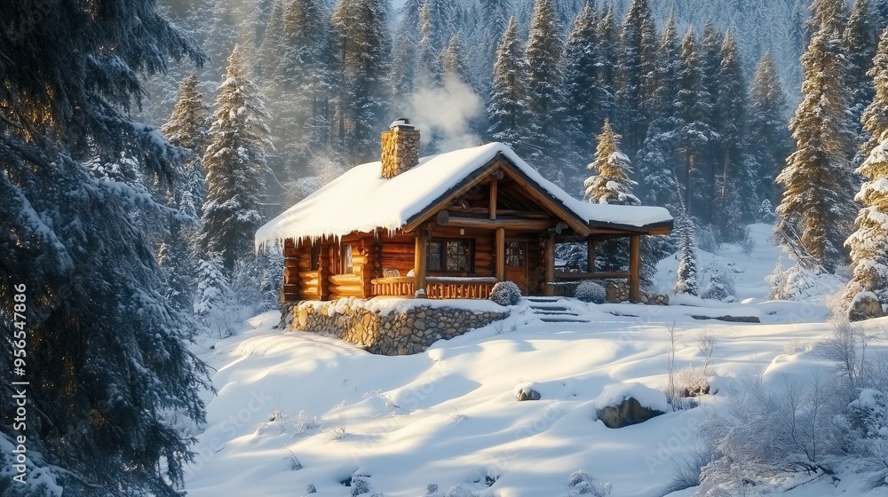 Cozy Log Cabin Surrounded by Snow-Covered Trees Cozy Log Cabin Surrounded by Snow-Covered Trees