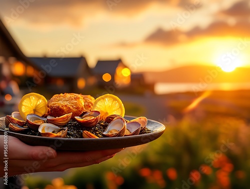 A closeup of a plate of cockles and laverbread served with crusty bread and butter, garnished with lemon wedges, against a backdrop of a traditional Welsh coastal village photo