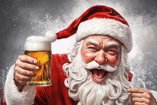 Artificial intelligence. Portrait of Santa Claus holding a mug of beer. photo