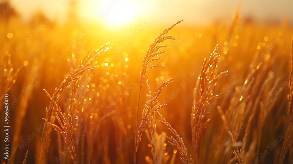 Golden paddy field swaying over sunset day time in Asia Raw short grain rice crop stalk with ears detals organic agriculture farming concept : Generative AI Golden paddy field swaying over sunset day time in Asia Raw short grain rice crop stalk with ears detals organic agriculture farming concept : Generative AI