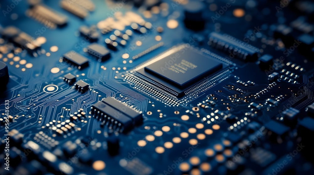 Macro photography showcasing the intricate patterns and circuits on the surface of a semiconductor wafer highlighting the complex and precise engineering involved in modern electronics and technology Macro photography showcasing the intricate patterns and circuits on the surface of a semiconductor wafer highlighting the complex and precise engineering involved in modern electronics and technology