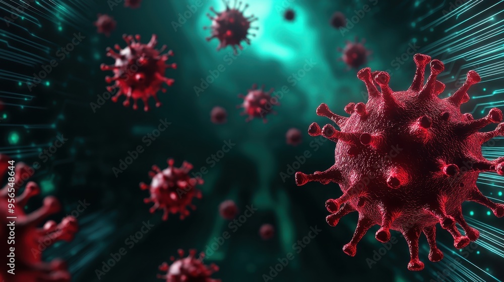 Close-up view of virus particles with a futuristic background, illustrating infection and disease spread in a digital environment. Close-up view of virus particles with a futuristic background, illustrating infection and disease spread in a digital environment.