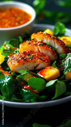 A detailed closeup of Yam Pla Dook Foo, crispy catfish salad with green mango, served on a white ceramic plate with a side of sweet and tangy dressing in a small porcelain bowl photo