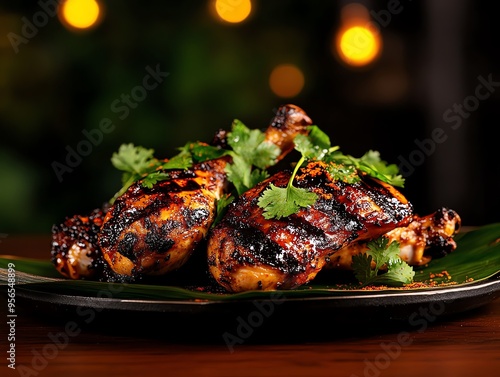 A dish of Ayam Percik, grilled chicken with a spicy coconut gravy, garnished with fresh herbs, served on a banana leaf against a rustic wooden table photo