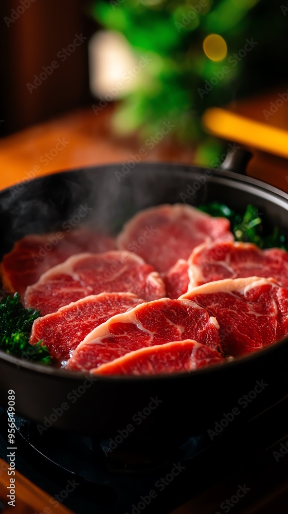 A dish of shabushabu, with thinly sliced beef and fresh vegetables ready to be cooked in a bubbling pot of broth, set on a wooden table in a cozy Japanese dining room A dish of shabushabu, with thinly sliced beef and fresh vegetables ready to be cooked in a bubbling pot of broth, set on a wooden table in a cozy Japanese dining room