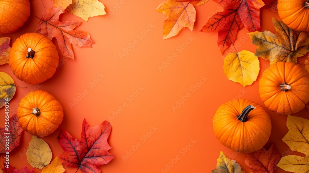 Top View of Pumpkins and Leaves on a Bright Orange Background Top View of Pumpkins and Leaves on a Bright Orange Background