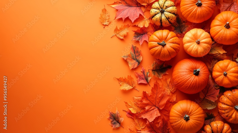 Top View of Pumpkins and Leaves on a Bright Orange Background Top View of Pumpkins and Leaves on a Bright Orange Background