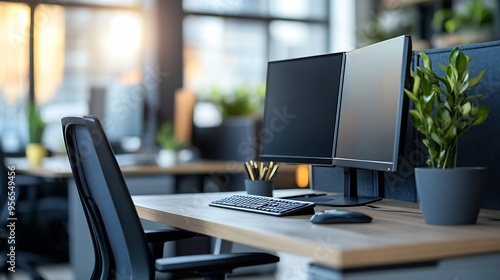 Wallpaper Mural Empty office desk space with computer monitors desk and chair at a cubicle Working from home concept image : Generative AI Torontodigital.ca