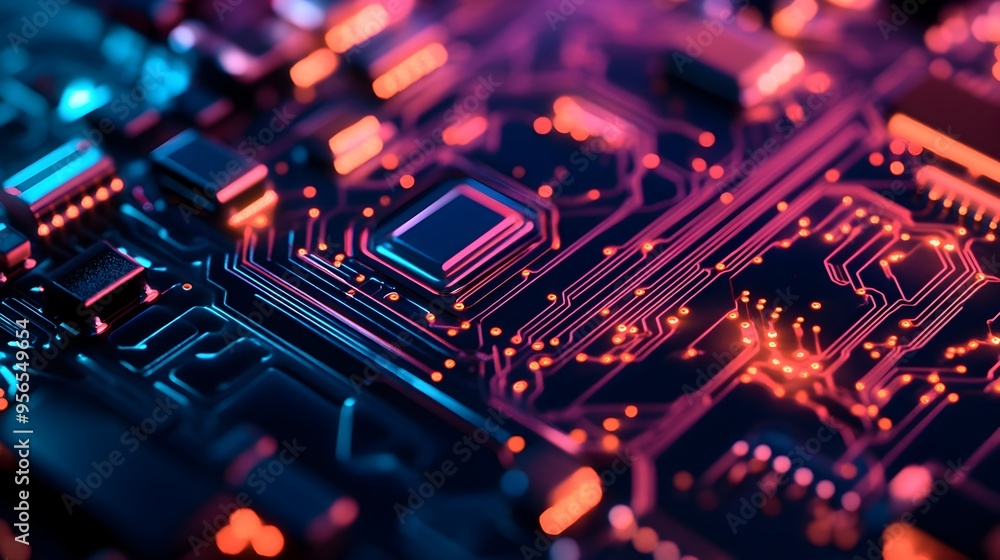 Macro photography showcasing the complex and intricate pathways of semiconductor circuits highlighting the metallic lines copper traces and integrated components that make up the high tech hardware Macro photography showcasing the complex and intricate pathways of semiconductor circuits highlighting the metallic lines copper traces and integrated components that make up the high tech hardware