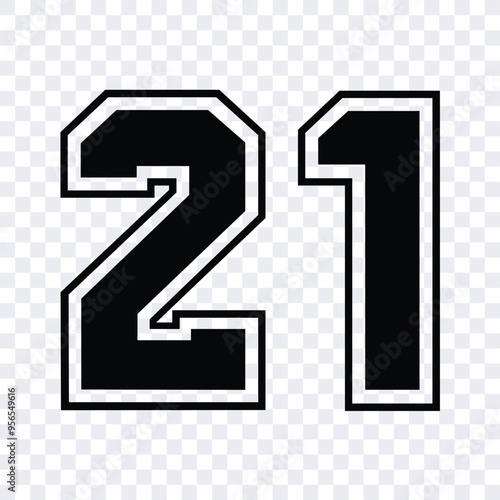 Sketch numbers for cutting or print.
Sport jersey number 21 vector black color template isolated.