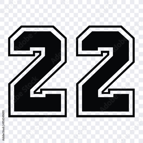 Sketch numbers for cutting or print.
Sport jersey number 22 vector black color template isolated.