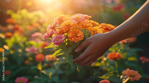 Woman gardener picks bouquet of zinnias in summer garden using pruner at sunset Cut flowers harvest Close up Growing annual plants : Generative AI photo