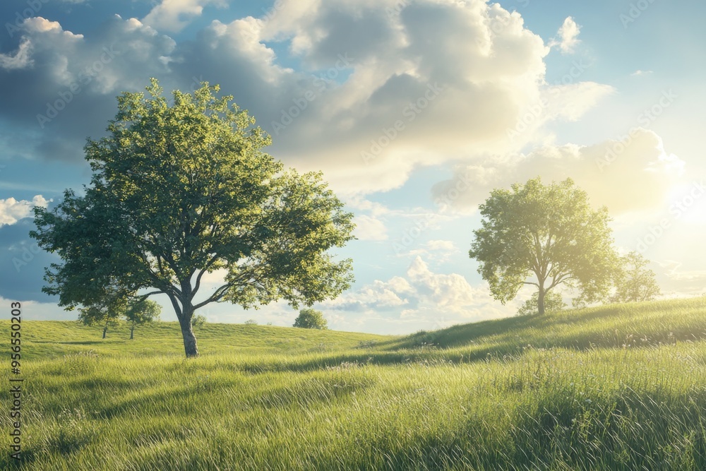a serene landscape with a few trees swaying gently in the breeze and a sunny sky above a serene landscape with a few trees swaying gently in the breeze and a sunny sky above