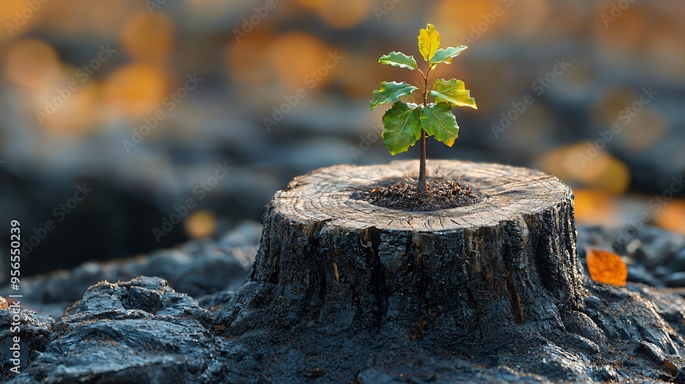 Obraz premium A young tree emerging from an old stump symbolizes growth and resilience, suitable for business sustainability campaigns and environmental initiatives.