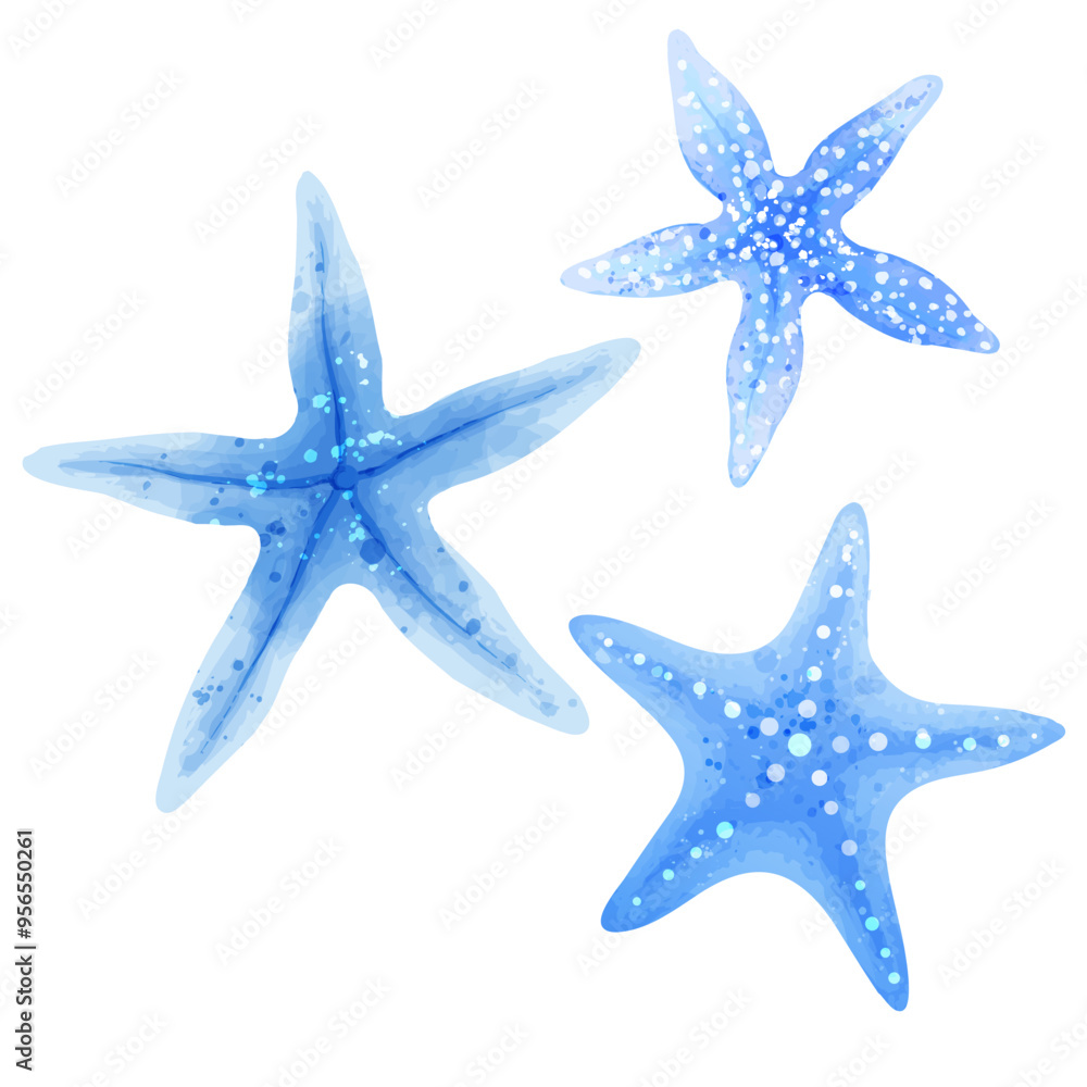 Set of blue starfish. Vector set of illustrations of sea animals in watercolor style isolated on white Set of blue starfish. Vector set of illustrations of sea animals in watercolor style isolated on white