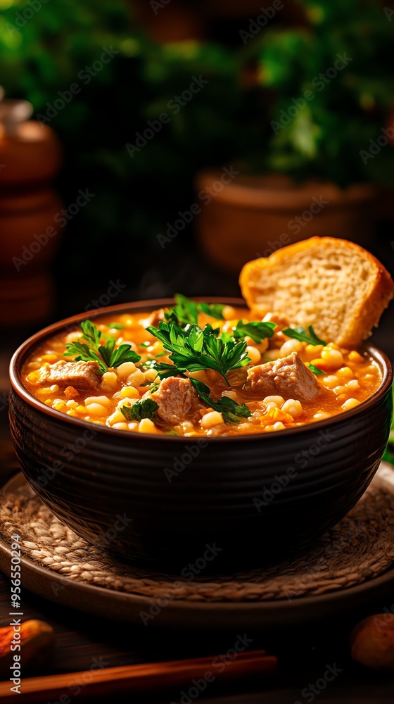 A plate of Scotch broth with tender pieces of lamb and barley A plate of Scotch broth with tender pieces of lamb and barley