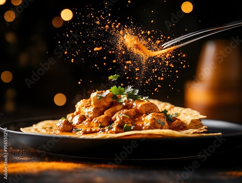 A plate of Roti Jala, delicate lace pancakes served with a rich, aromatic chicken curry, garnished with fresh coriander, set against a rustic, warmtoned background photo