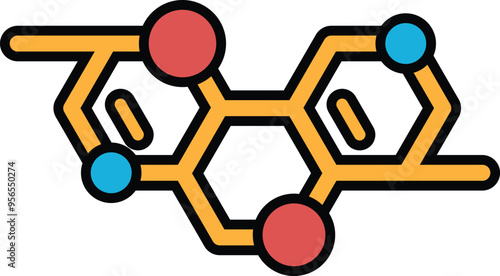 A drawing of a molecule with a red and blue circle in the middle