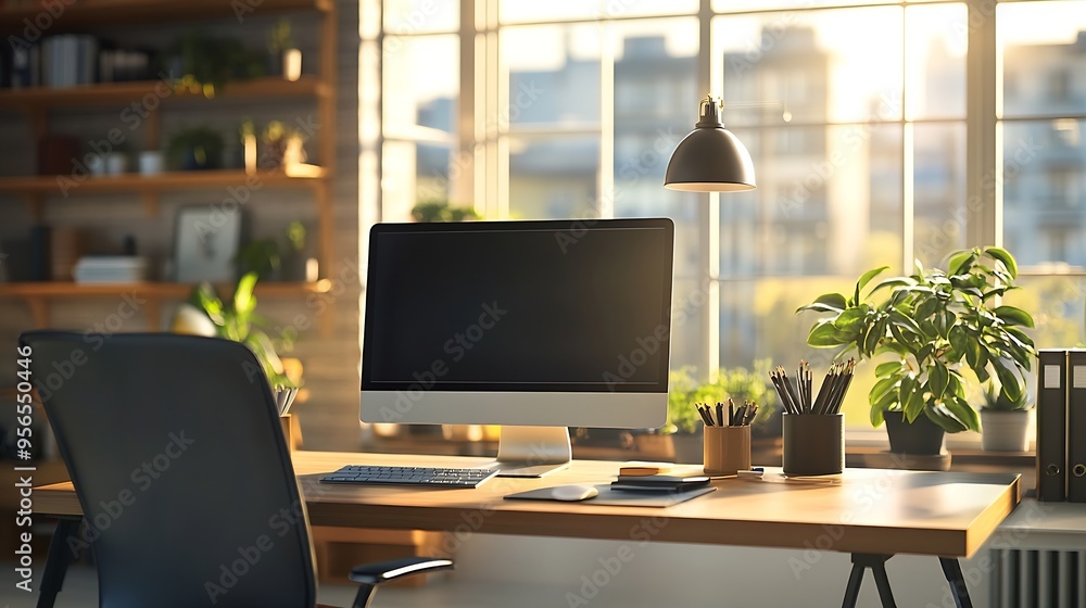 Lamp hanging over computers on desk with chair in home office at contemporary apartment with bright windows : Generative AI Lamp hanging over computers on desk with chair in home office at contemporary apartment with bright windows : Generative AI