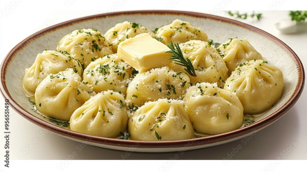 Russian pelmeni dumplings with butter on a white background Russian pelmeni dumplings with butter on a white background