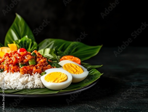 A serving of Nasi Dagang, fragrant rice with coconut milk, served with fish curry, hardboiled eggs, and sambal, presented on a traditional Malaysian platter photo