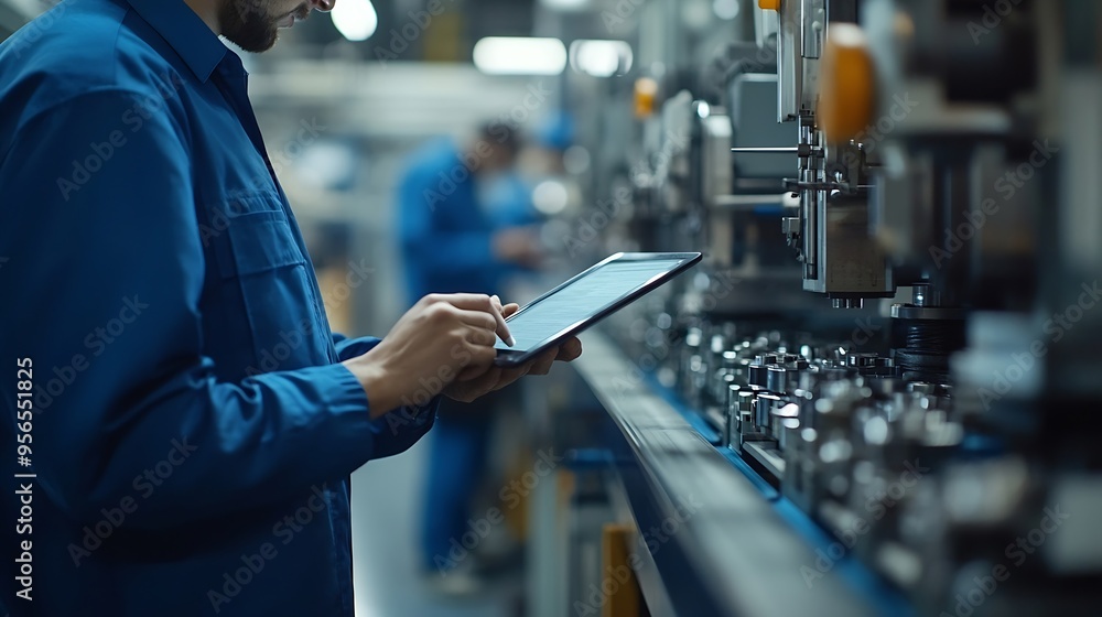 Obraz premium Worker with digital tablet examining machinery in factory : Generative AI