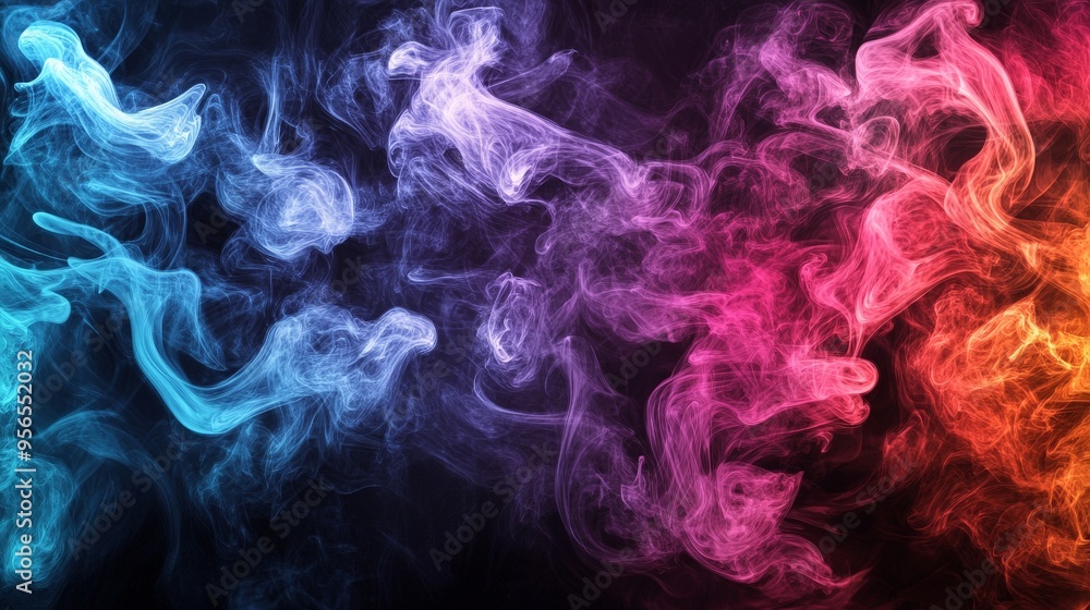 Obraz premium Artistic smoke effects blend with vibrant colors on a black canvas, forming a visually captivating and abstract composition