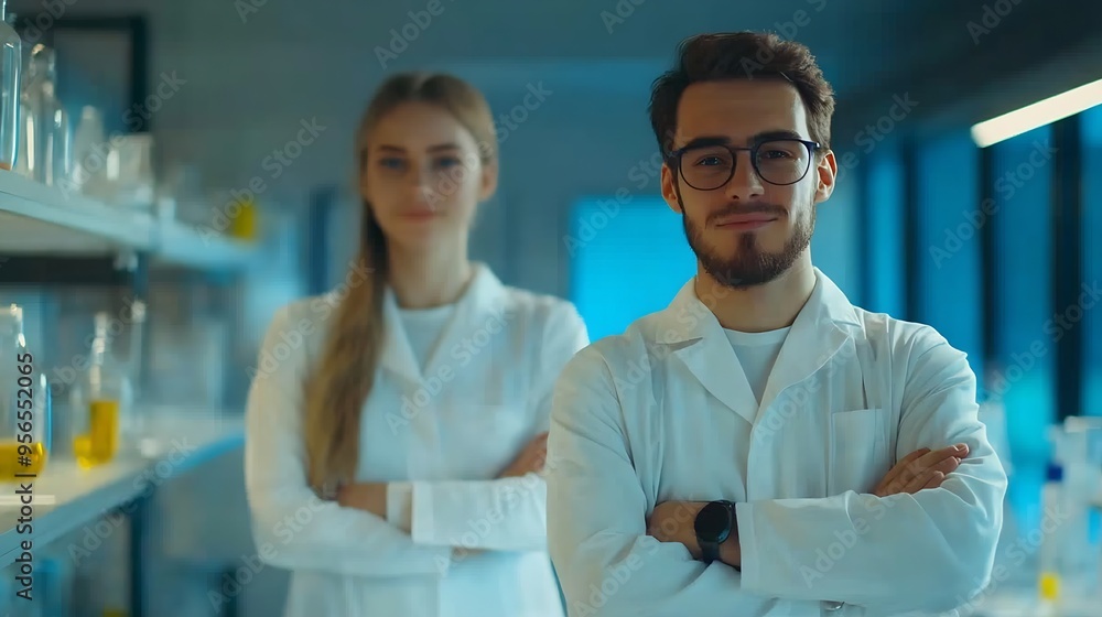 Man and woman wearing scientist uniform standing with arms crossed gesture at laboratory : Generative AI Man and woman wearing scientist uniform standing with arms crossed gesture at laboratory : Generative AI