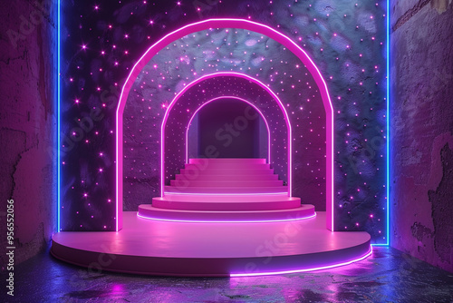 A digitally created purple backdrop with blue neon lights and a pink digital podium forms setting for this stock photo  photo