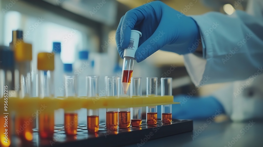 Close up photo of a doctors hands with a test tube with a blood sample A lot of test tubes on background Modern research : Generative AI Close up photo of a doctors hands with a test tube with a blood sample A lot of test tubes on background Modern research : Generative AI