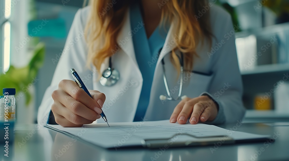 Doctor and patient sitting at the desk in clinic office The focus is on female physicians hands filling up the medication history record form close up Medicine concept : Generative AI Doctor and patient sitting at the desk in clinic office The focus is on female physicians hands filling up the medication history record form close up Medicine concept : Generative AI