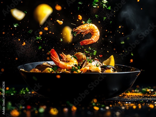 A traditional cazuela de mariscos, a hearty seafood casserole, bubbling hot with prawns and clams, surrounded by fresh lemon wedges and parsley