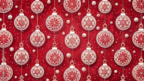 Decorative Christmas ornaments hanging on red background creating a festive atmosphere