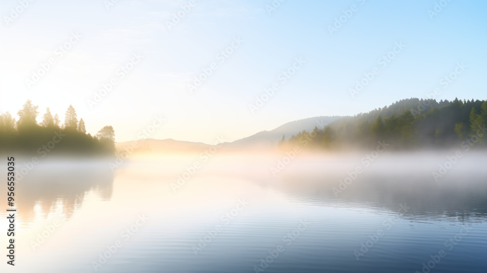 Fototapeta premium Serene Morning Mist Over Calm Lake with Pine Forest Reflection
