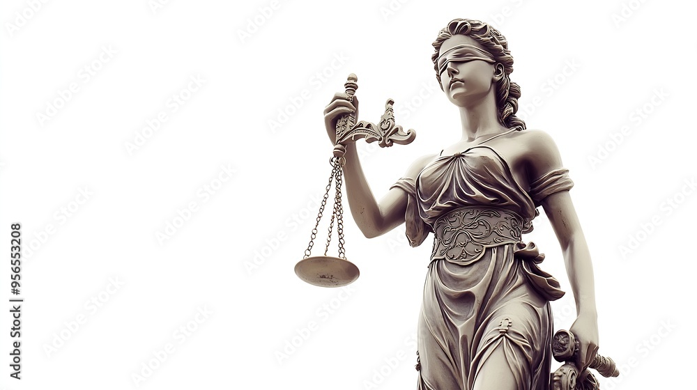 Fototapeta premium Statue of Lady Justice isolated on white Symbol of fair treatment under law : Generative AI