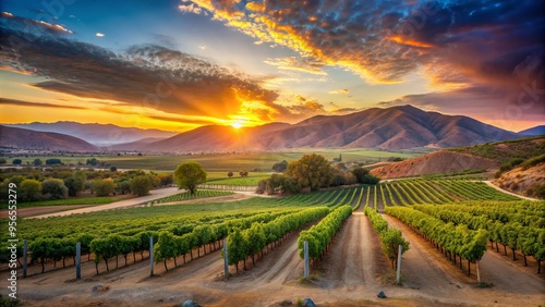 Serene vineyards surrounded by rolling hills and majestic mountains in Valle de Guadalupe, Mexico, a picturesque wine country landscape at sunset.