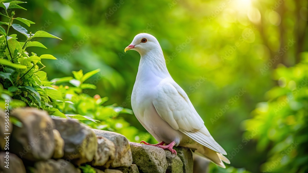 Serene white dove with gentle expression sits calmly on a weathered stone wall amidst lush green foliage, symbolizing peaceful coexistence with nature. Serene white dove with gentle expression sits calmly on a weathered stone wall amidst lush green foliage, symbolizing peaceful coexistence with nature.