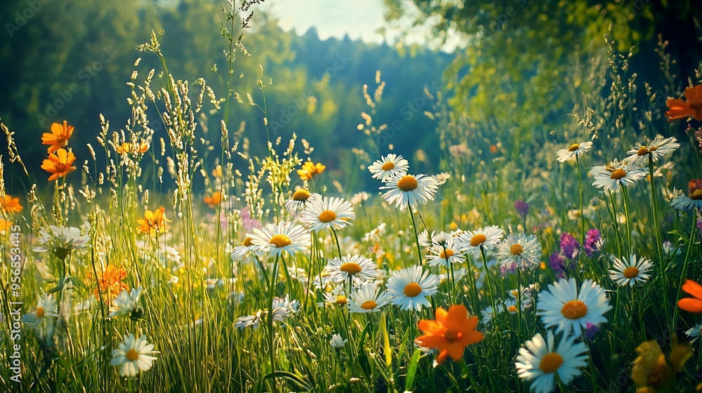 Close-up of a meadow blooming with daisies and orange wildflowers, in a soft sunlight. Close-up of a meadow blooming with daisies and orange wildflowers, in a soft sunlight.