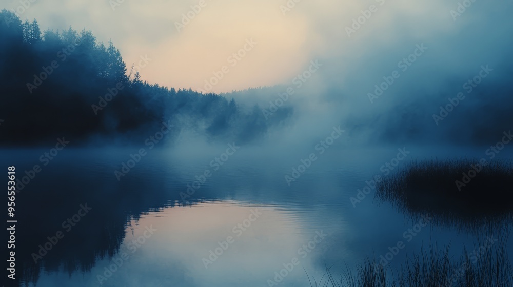 Early morning fog and smoke blend over a tranquil lake, creating a serene and mystical atmosphere in the quiet hours of dawn Early morning fog and smoke blend over a tranquil lake, creating a serene and mystical atmosphere in the quiet hours of dawn