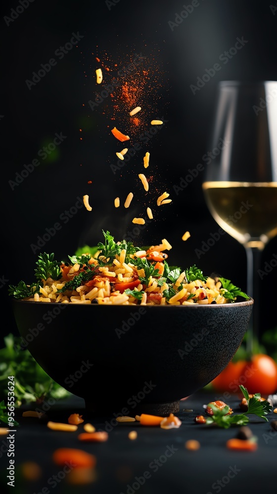 A vibrant Portuguese tomato rice dish served in a rustic ceramic bowl, garnished with fresh parsley and accompanied by a glass of white wine A vibrant Portuguese tomato rice dish served in a rustic ceramic bowl, garnished with fresh parsley and accompanied by a glass of white wine
