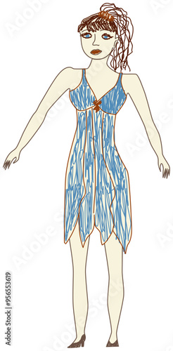 Vector doodle of a stylized woman in a dress isolated on a transparent background. Hand-drawn in a sketchy, whimsical style, this illustration is perfect for creative projects, fashion design concepts