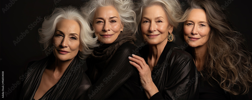 Three woman wearing dark t shirt. Three woman wearing dark t shirt.