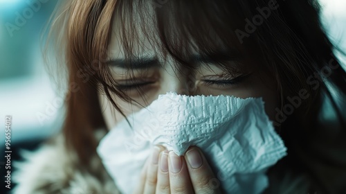 A close-up image of a person sneezing into a tissue, capturing the essence of a cold winter day with blurred chilly background, reflecting the discomfort yet relatable daily experience.