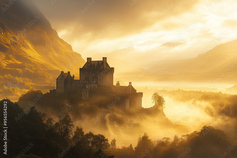 A Majestic Castle Bathed in Golden Light, Nestled Amidst Misty Mountains at Sunrise. A Majestic Castle Bathed in Golden Light, Nestled Amidst Misty Mountains at Sunrise.