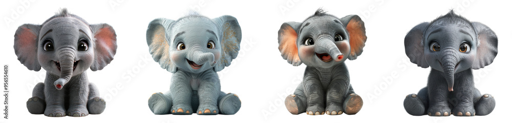 set of 3d illustrations of baby elephants isolated on transparent background, generated ai set of 3d illustrations of baby elephants isolated on transparent background, generated ai