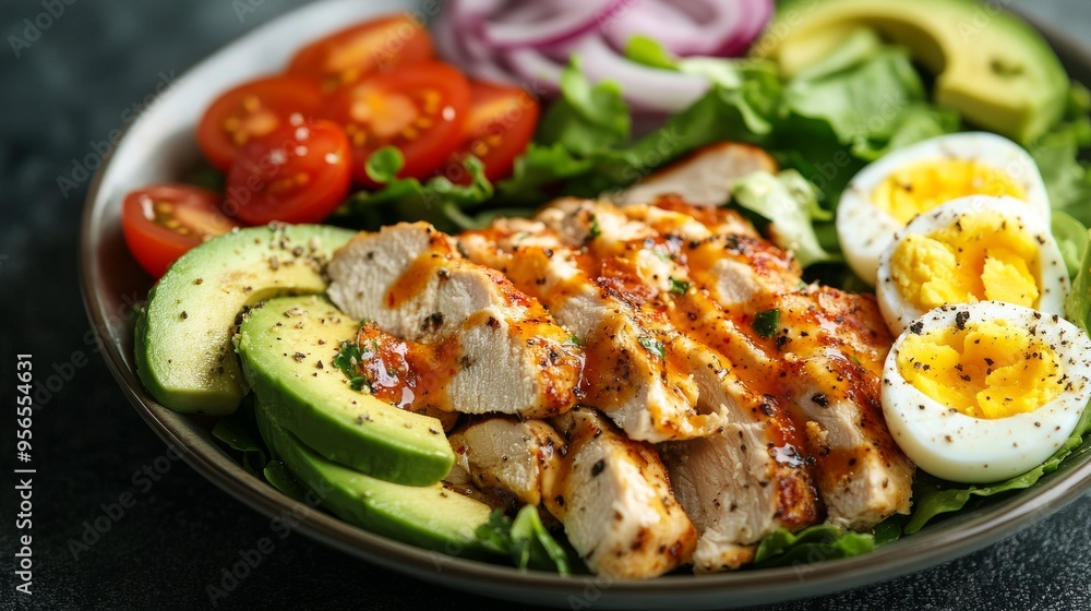 Healthy cobb salad with chicken, avocado, tomato, red onions and eggs. American food. Healthy cobb salad with chicken, avocado, tomato, red onions and eggs. American food.