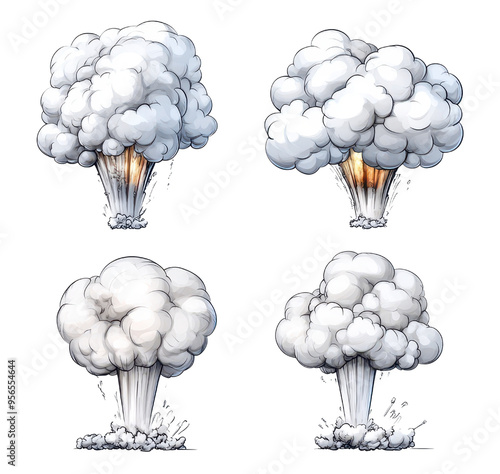 Collection of cartoon-style smoke explosions signifying dramatic impact and action, perfect for animations and illustrations. photo